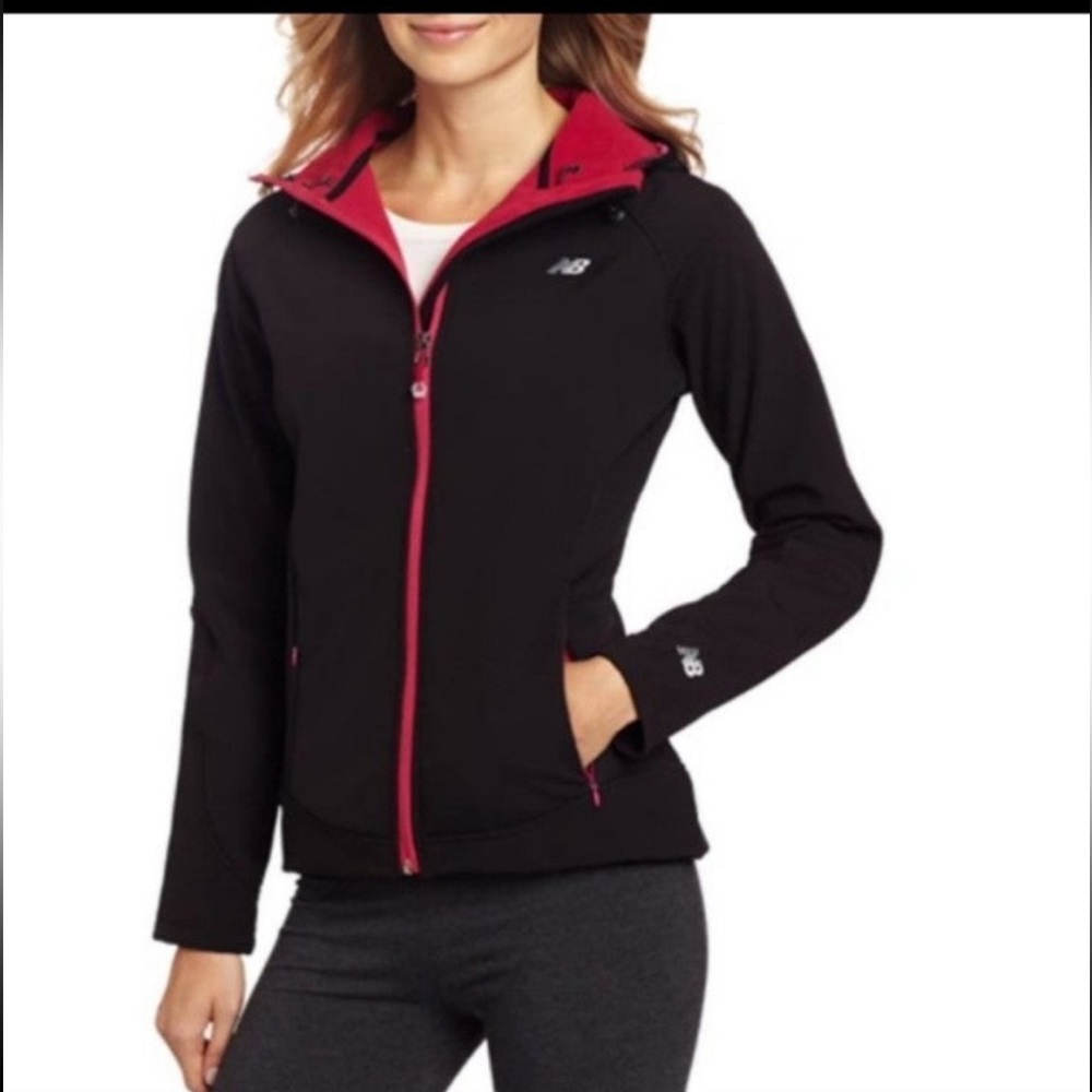 NEW BALANCE Women's Soft Shell Bomber Fleece Jacket Hood Size Large Black & Pink